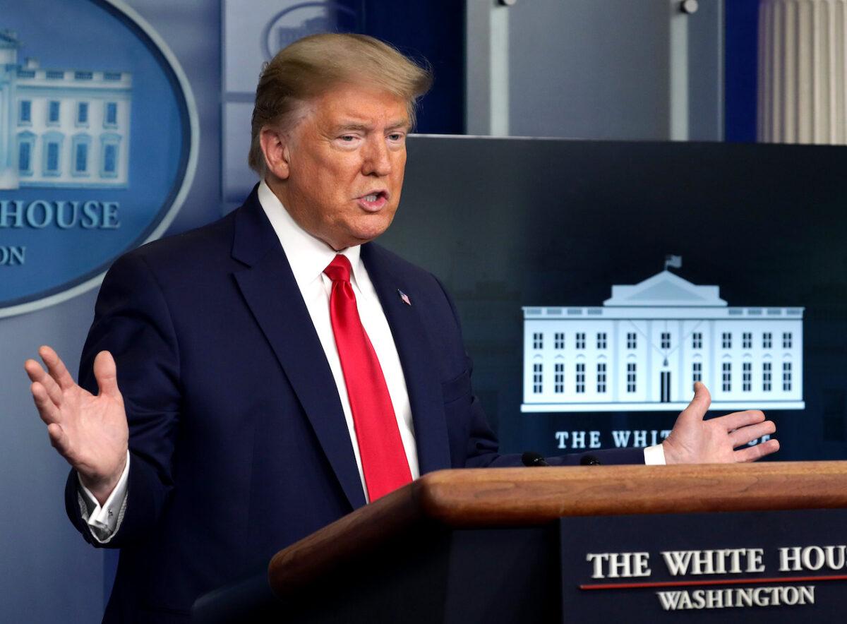 President Donald Trump speaks during the daily briefing of the White House Coronavirus Task Force at the James Brady Press Briefing Room of the White House in Washington, April 13, 2020. (Alex Wong/Getty Images)