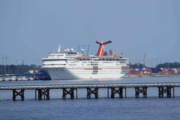 Carnival Cruise Line's Carnival Ecstacy cruise ship is docked at the Port of Jacksonville amid the CCP virus outbreak in Jacksonville, Fla., on March 27, 2020. (Greenwood/Getty Images)