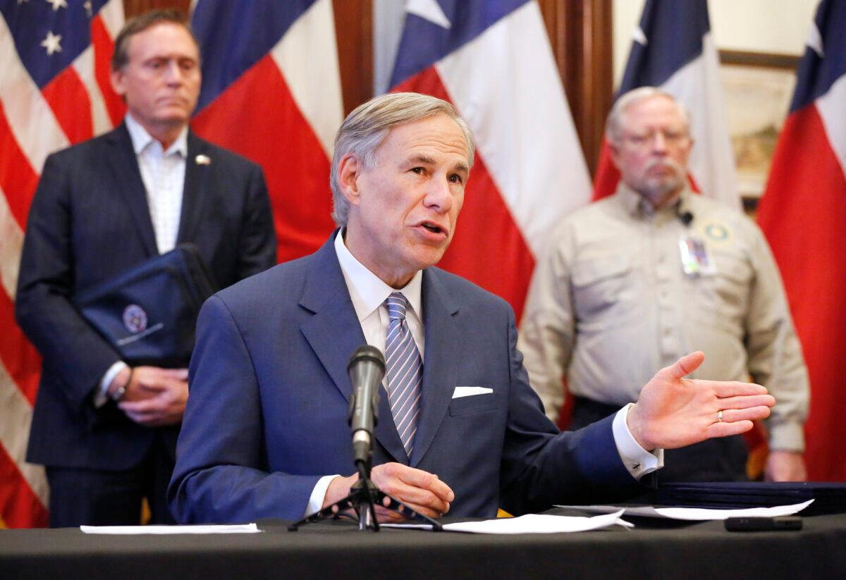 Texas Governor Greg Abbott announced the US Army Corps of Engineers and the state are putting up a 250-bed field hospital at the Kay Bailey Hutchison Convention Center in downtown Dallas during a press conference at the Texas State Capitol in Austin, on March 29, 2020. (Tom Fox-Pool/Getty Images)