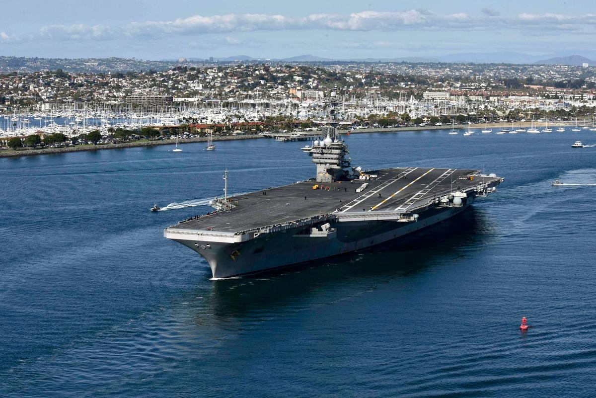 Aircraft carrier USS Theodore Roosevelt leaves its San Diego, Calif., homeport on Jan. 17, 2020. (U.S. Navy via Getty Images)