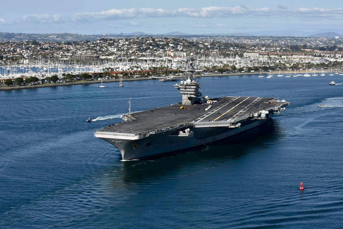 Aircraft carrier USS Theodore Roosevelt leaves its San Diego, Calif., homeport on Jan. 17, 2020. (U.S. Navy via Getty Images)