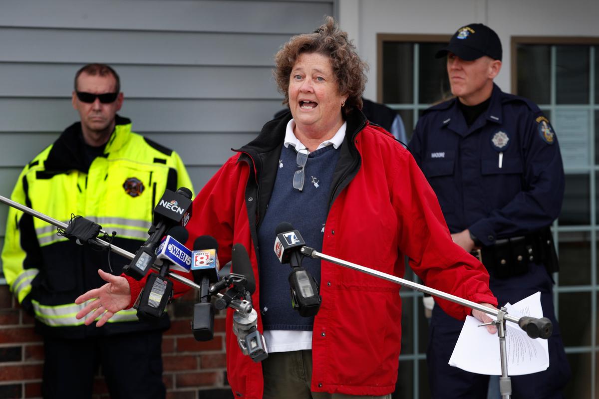 Roxie Lassetter, a spokesperson for the Androscoggin Mill speaking at a news conference, expresses relief that no one was injured in an explosion at the paper mill in Jay, Maine, on April 15, 2020. (Robert F. Bukaty/AP Photo)