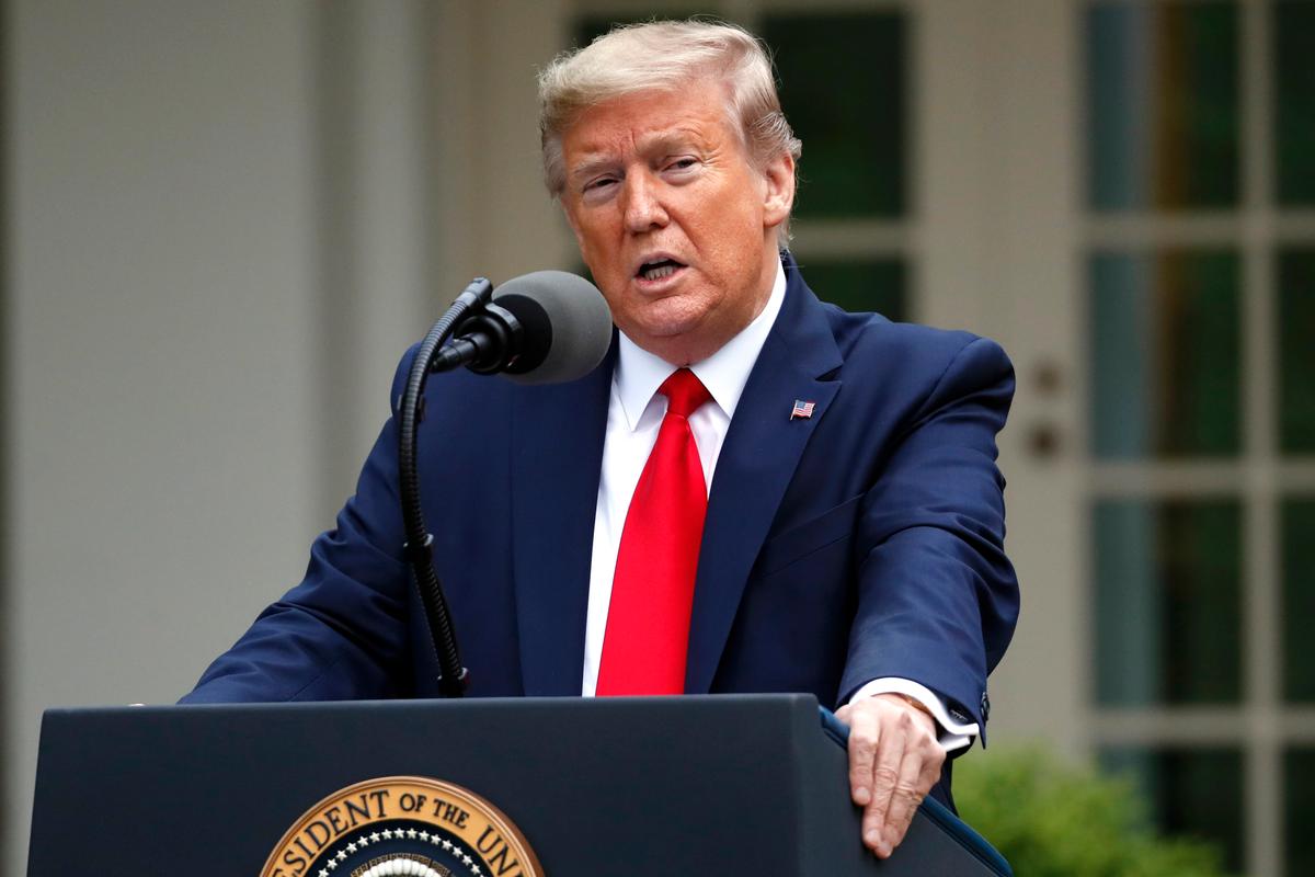 President Donald Trump speaks about the CCP virus in the Rose Garden of the White House, on April 14, 2020. (Alex Brandon/AP Photo)