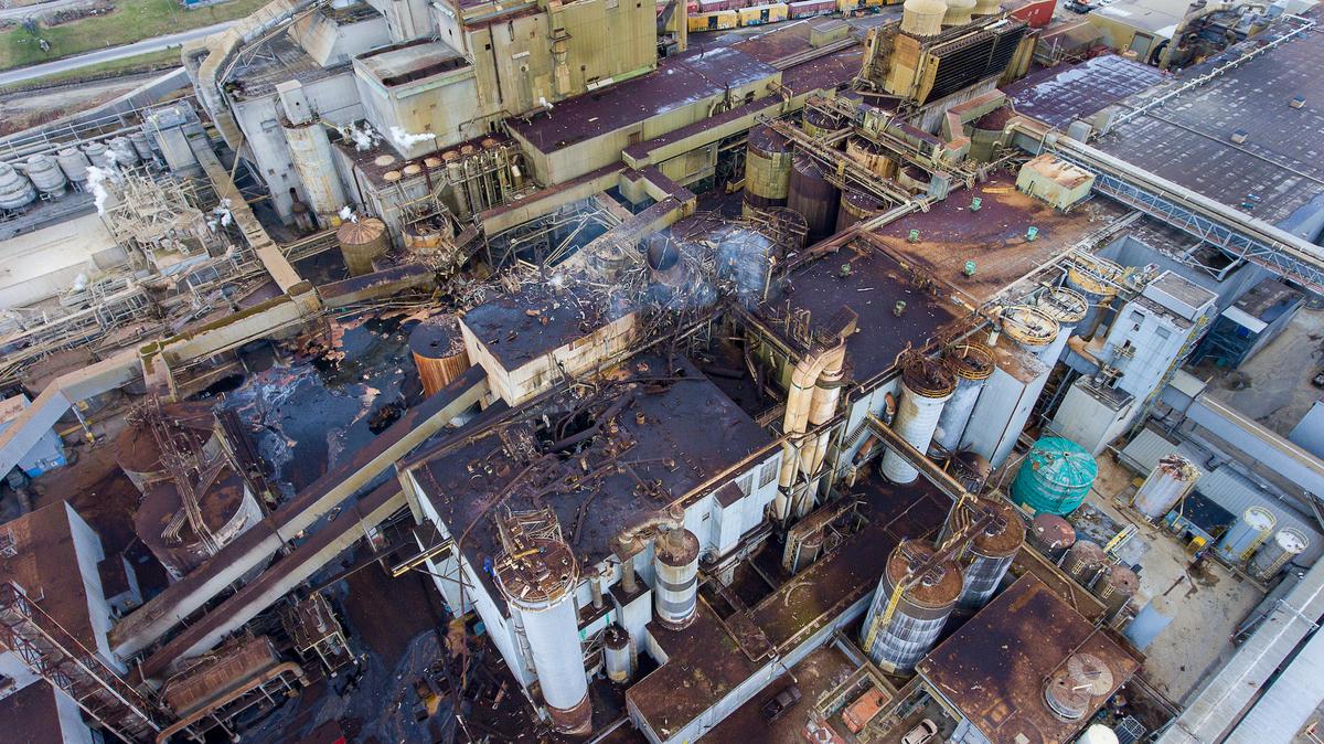 A massive explosion at the Androscoggin Mill ripped apart the plant owned by Pixelle Specialty Paper Solutions in Jay, Maine, on April 15, 2020. (Robert F. Bukaty/AP Photo)