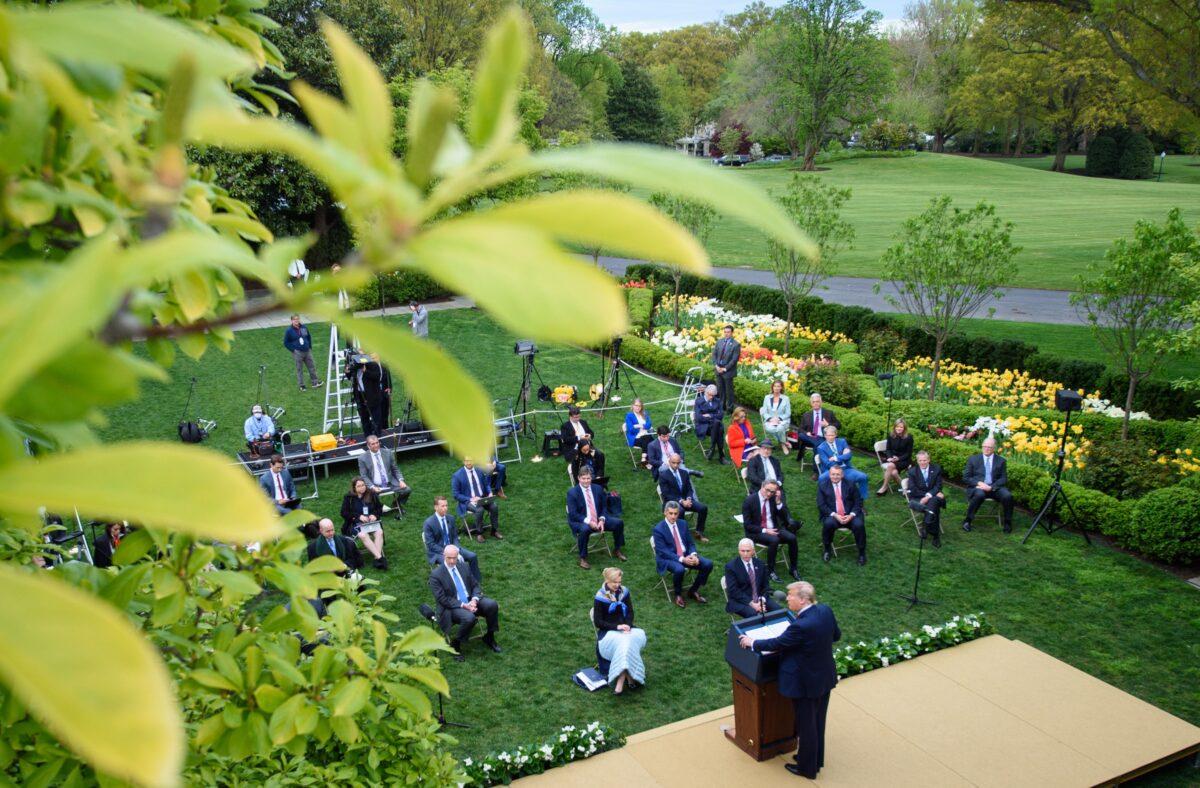 President Donald Trump speaks during the daily briefing of the White House Coronavirus Task Force in the Rose Garden at the White House in Washington on April 14, 2020. (Mandel Ngan/AFP via Getty Images)