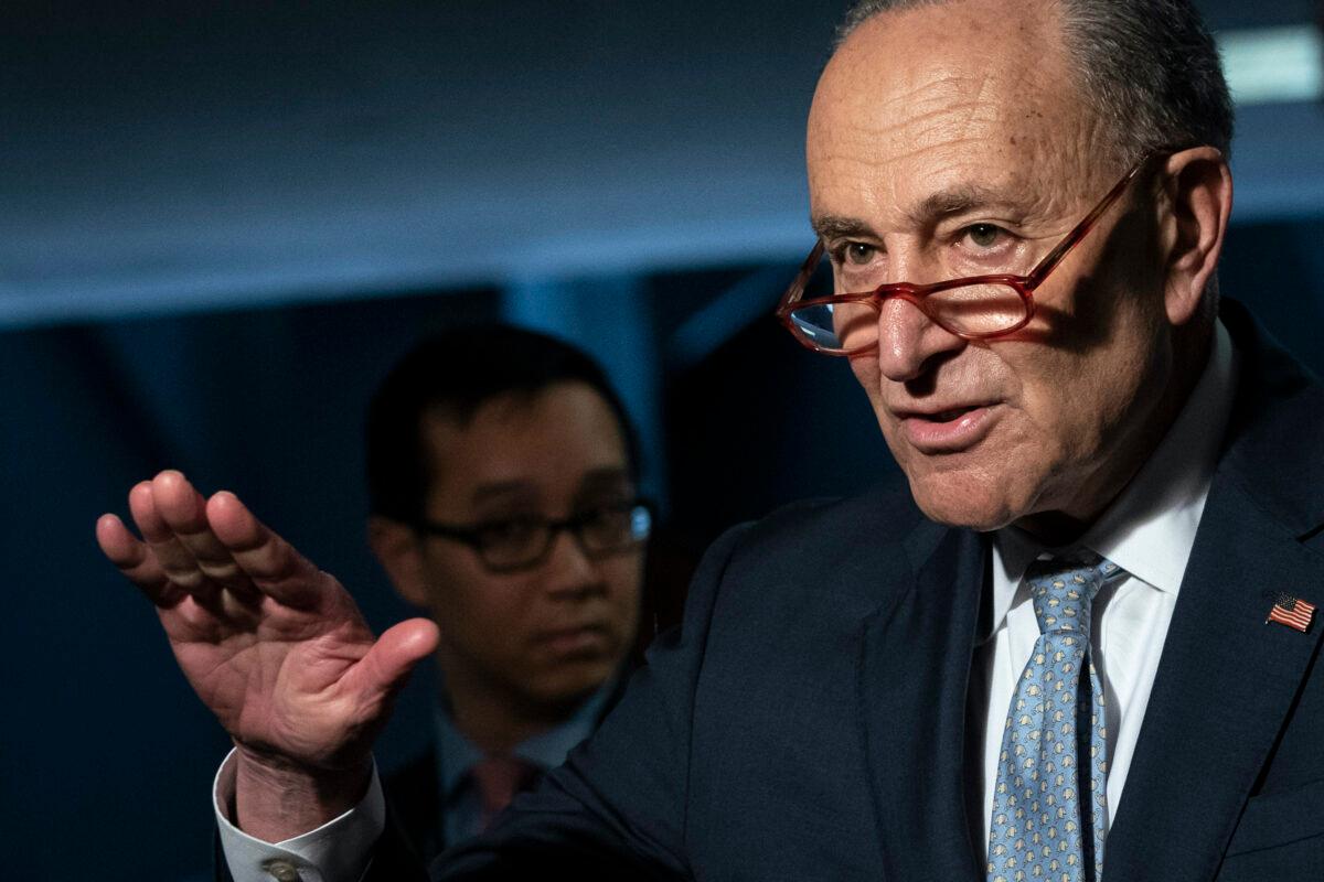 Senate Minority Leader Chuck Schumer (D-N.Y.) speaks to reporters in the Hart Senate Office Building on Capitol Hill in Washington, on March 20, 2020. (Drew Angerer/Getty Images)