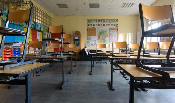 An empty classroom is pictured at the Clemens August school in Bonn, Germany on April 14, 2020. (Erol Dogrudogan/Reuters)