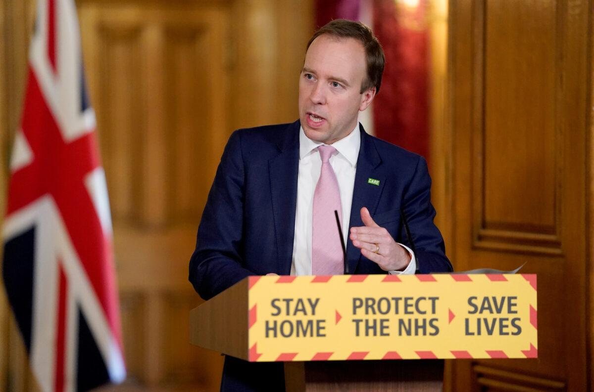 Britain's Health Secretary Matt Hancock speaks during the daily COVID-19 digital news conference in London, Britain, on April 15, 2020. (Andrew Parsons/No 10 Downing Street/Handout via REUTERS)
