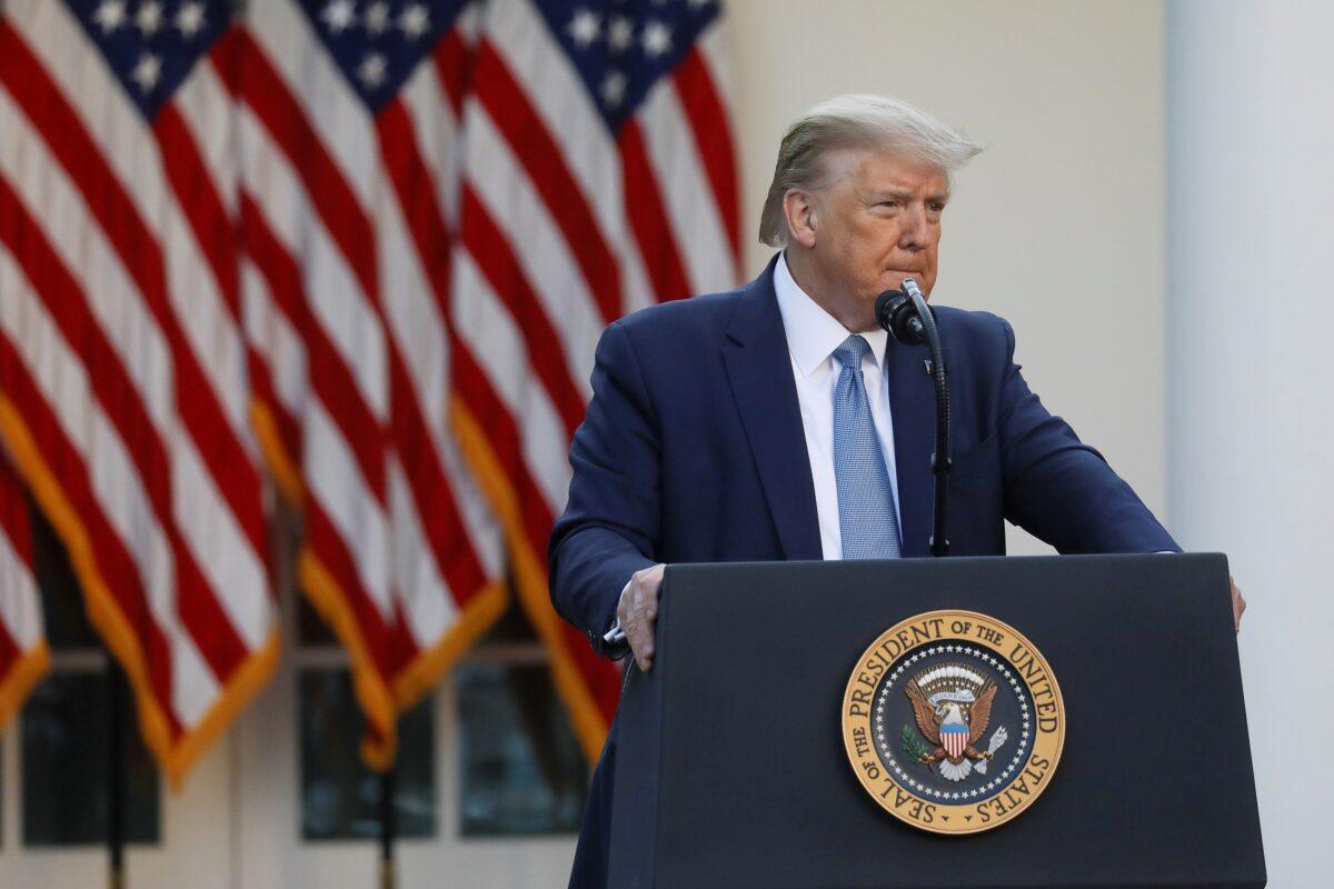 President Donald Trump addresses the daily coronavirus task force briefing in the Rose Garden at the White House in Washington on April 15, 2020. (Leah Mills/Reuters)