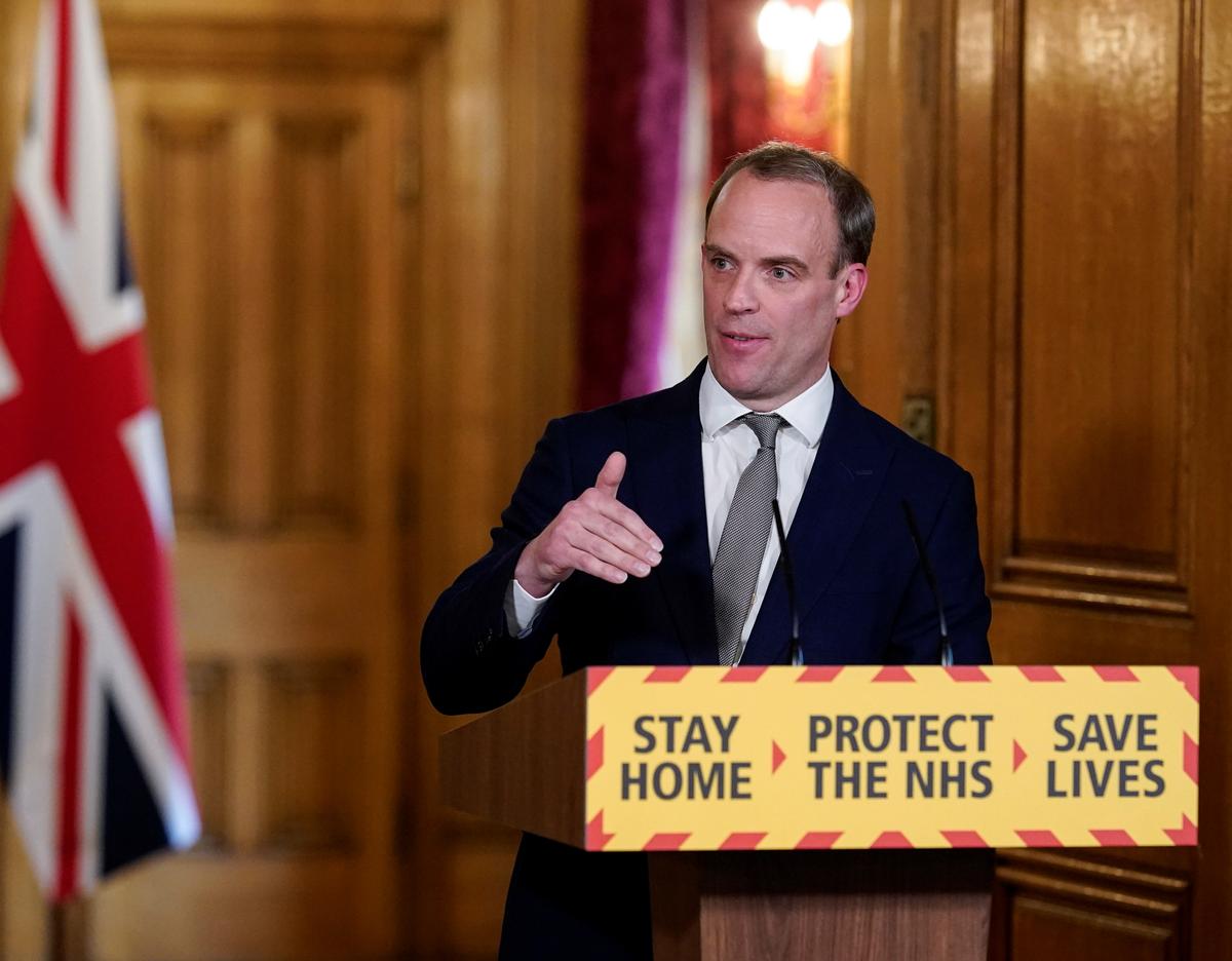 Britain's Foreign Secretary Dominic Raab speaks at the daily coronavirus news conference at 10 Downing Street in London, Britain April 16, 2020. (Andrew Parsons/10 Downing Street/Handout via REUTERS)