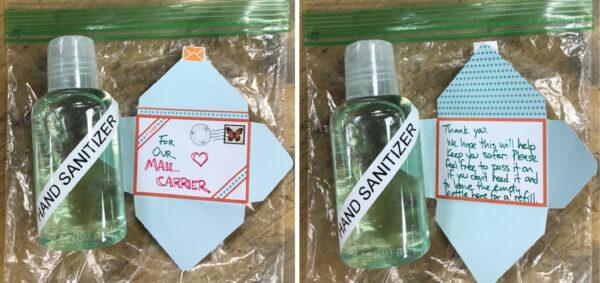 A bottle of hand sanitizer left by a customer for their mail carrier, with a note that the mail carrier can bring the empty bottle back for refill. (Courtesy of Sunnyvale U.S. Postal Service)