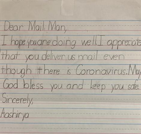 A note left by a child for a mail carrier. (Courtesy of Sunnyvale U.S. Postal Service)