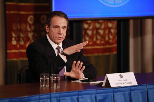 New York Governor Andrew Cuomo speaks at his daily CCP virus briefing in Albany, N.Y., on April 17, 2020. (Matthew Cavanaugh/Getty Images)