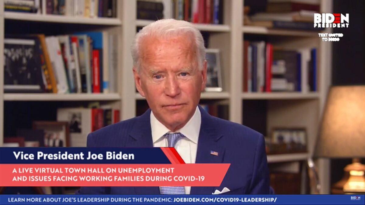 Democratic presidential candidate and former U.S. Vice President Joe Biden during a virtual town hall on April 8, 2020. (JoeBiden.com via Getty Images)