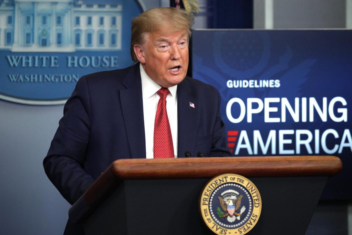 President Donald Trump speaks during the daily briefing of the White House coronavirus task force in the briefing room at the White House on April 16, 2020. (Alex Wong/Getty Images)