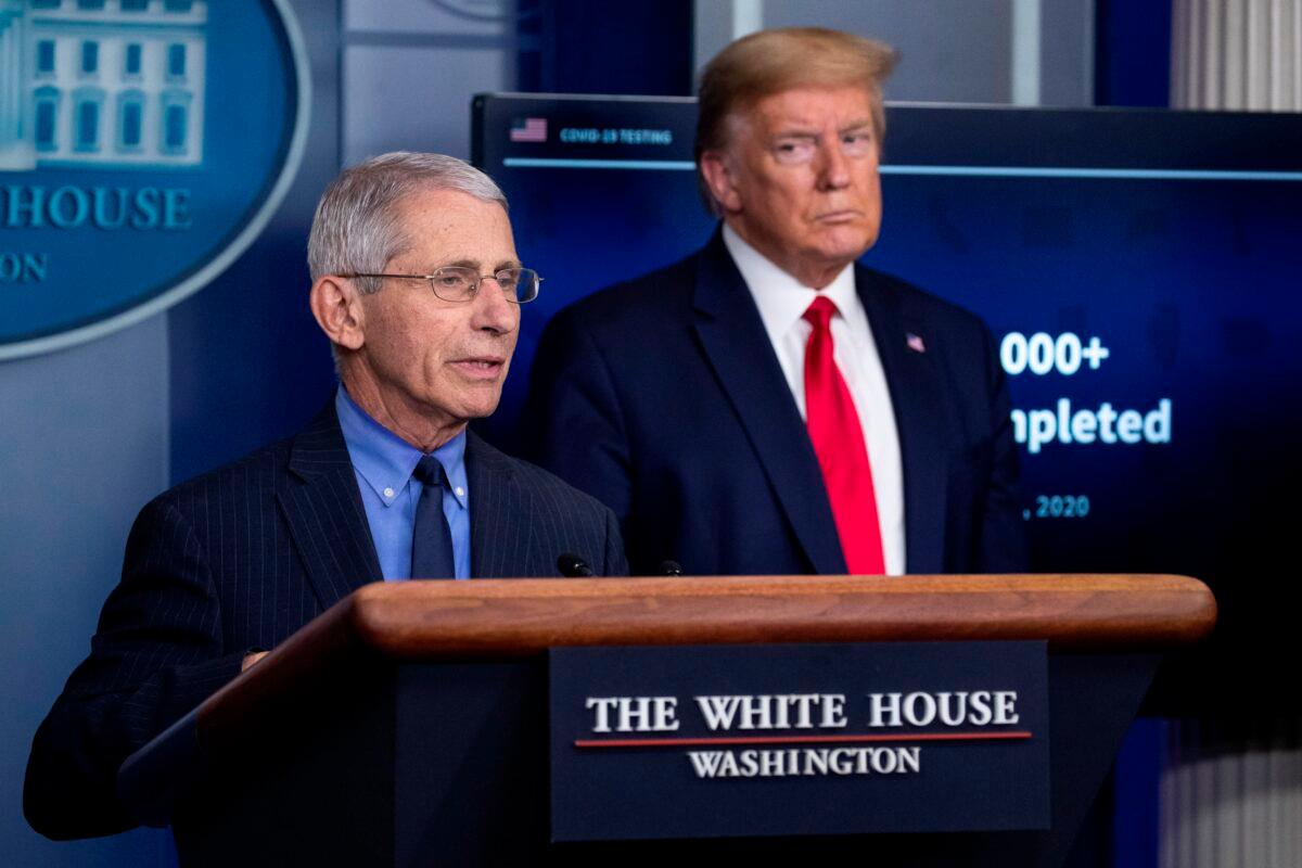 Dr. Anthony Fauci, director of the National Institute of Allergy and Infectious Diseases, speaks about the CCP virus as President Donald Trump listens, in the James Brady Press Briefing Room of the White House on April 17, 2020. (Alex Brandon/AP Photo)