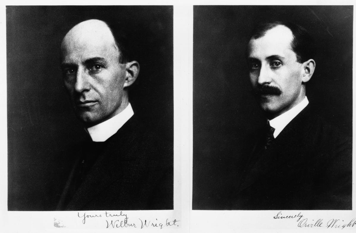 (L-R): Wilbur Wright (1867–1912) and Orville Wright (1871–1948), the two brothers who invented and flew the first practical airplane, circa 1903. (Hulton Archive/Getty Images)