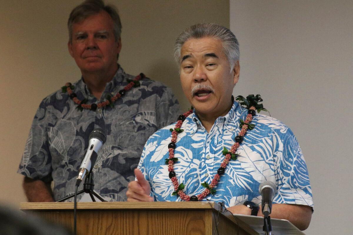 Gov. David Ige speaks to reporters at the state Department of Health's laboratory in Pearl City, Hawaii, on March 3, 2020. (Audrey McAvoy/AP Photo)