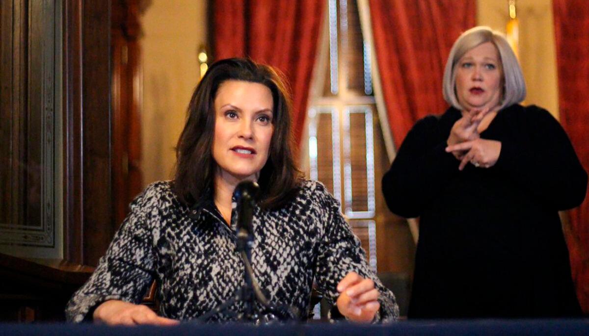 Michigan Gov. Gretchen Whitmer addresses the state during a speech in Lansing, Michigan, on April 13, 2020. (Michigan Office of the Governor via AP)