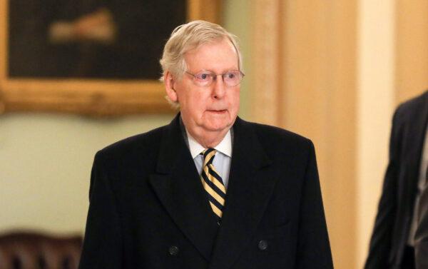 Senate Majority Leader Sen. Mitch McConnell (R-Ky.) arrives at the Capitol in Washington on Jan. 27, 2020. (Charlotte Cuthbertson/The Epoch Times)