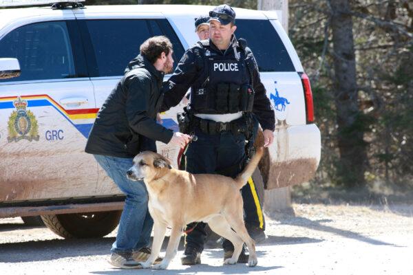 A Royal Canadian Mounted Police (RCMP) officer returns a dog to an individual since the road is shut down after a manhunt for Gabriel Wortman, who they describe as a shooter of multiple victims, in Portapique, Nova Scotia, Canada on April 19, 2020. (John Morris/Reuters)