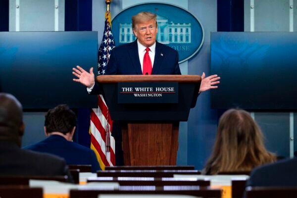 President Donald Trump speaks during a coronavirus task force press briefing at the White House on April 18, 2020. (Jim Watson/AFP/Getty Images)