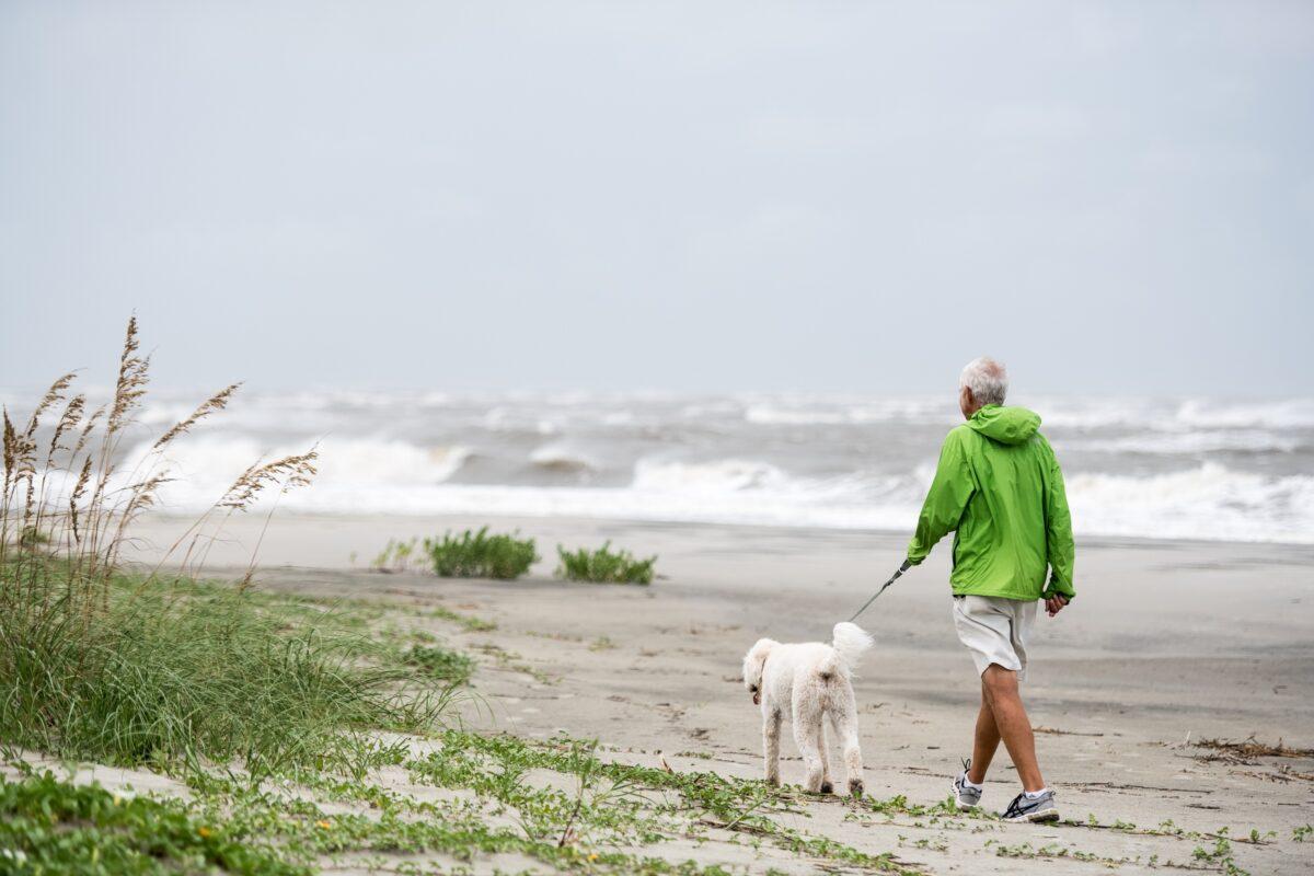 A man walks his dog on the beach on Sullivan's Island, South Carolina, on Sept. 4, 2019. (Sean Rayford/Getty Images)