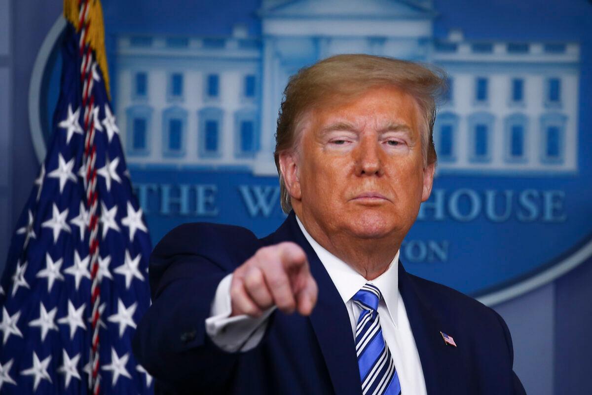 President Donald Trump takes questions at the daily CCP virus briefing at the White House on April 19, 2020. (Tasos Katopodis/Getty Images)