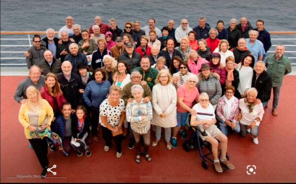 A group of fellow Spaniards on board the Deliziosa Costa cruise ship on April 19, 2020. (Alejandro Mezcua via AP)