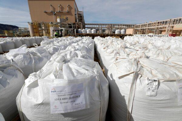 A shipping area is filled with 1,500-kilogram bags of bastnasite concentrate at the MP Materials rare earth mine in Mountain Pass, Calif., on Jan. 30, 2020. (Steve Marcus/Reuters)