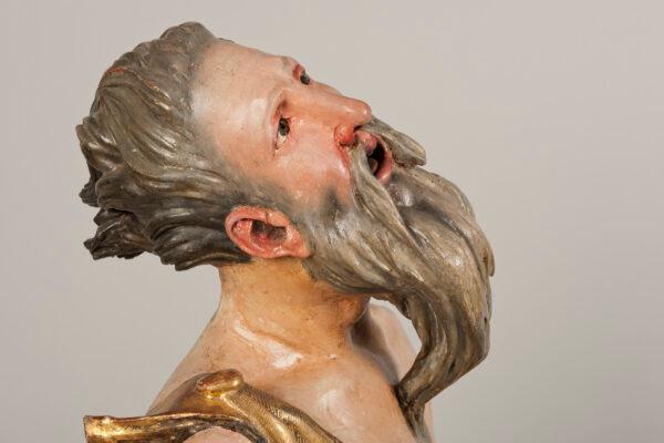 Detail of Abraham’s face in "The Sacrifice of Isaac," 1526–1533, by Alonso Berruguete. Polychromed wood with gilding. National Museum of Sculpture, Valladolid, Spain. (Javier Muñoz and Paz Pastor/National Museum of Sculpture, Valladolid, Spain)
