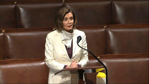 House Speaker Nancy Pelosi (D-Calif.) speaks on the floor of the House of Representatives at the U.S. Capitol in Washington on April 23, 2020. (House Television via AP)