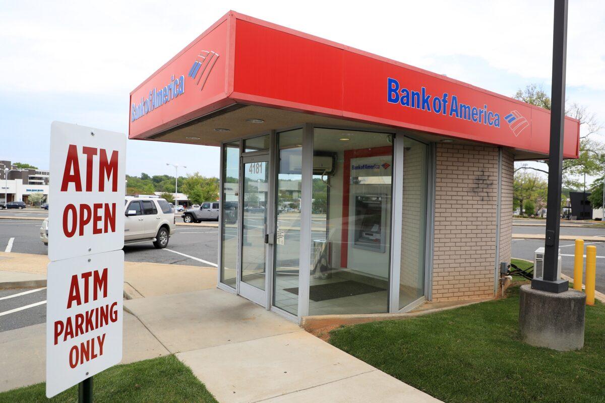 A general view of a Bank of America ATM in Park Road Shopping Center during the CCP virus pandemic in Charlotte, North Carolina on April 7, 2020. Bank of America was one bank processing Paycheck Protection Program loans. (Streeter Lecka/Getty Images)