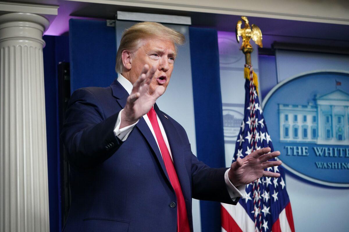 President Donald Trump speaks during the daily briefing on the CCP virus, which causes COVID-19, in the Brady Briefing Room of the White House in Washington on April 22, 2020. (Mandel Ngan/AFP via Getty Images)