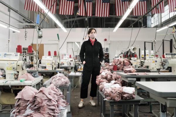Ellen Bennett stands in her Los Angeles-based Hedley & Bennett factory, which has been repurposed for making masks. (Anna Maria Zunino Noellert)