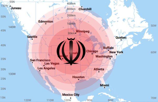The pomegranate symbol from the Iranian flag atop an image created for the Congressional EMP Commission depicting the area affected by a nuclear electromagnetic pulse detonated at various heights of burst over North America and centered on the United States. (Tommy Waller/public domain)