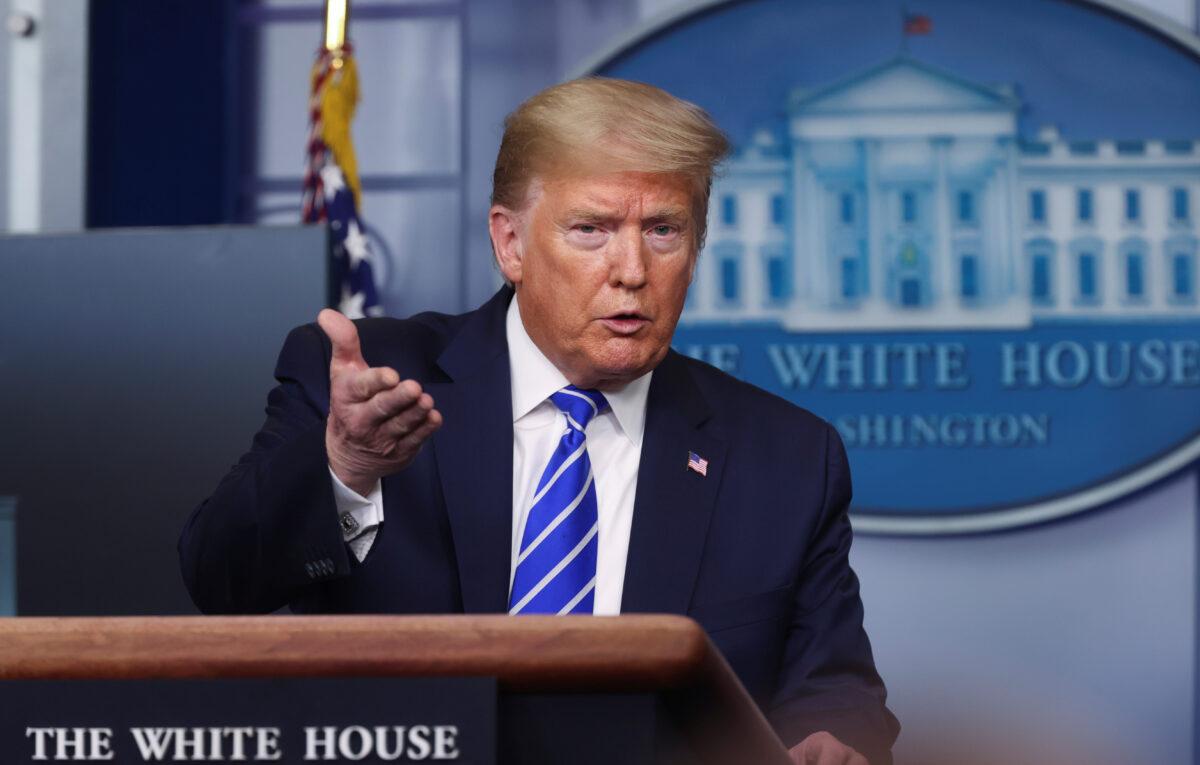 President Donald Trump addresses the daily CCP virus task force briefing at the White House in Washington on April 23, 2020. (Jonathan Ernst/Reuters)