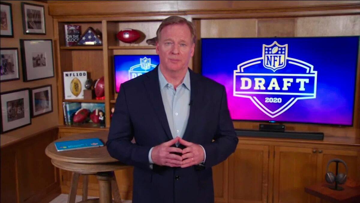 In this still image from video provided by the NFL, NFL Commissioner Roger Goodell speaks from his home in Bronxville, New York during the first round of the 2020 NFL Draft on April 23, 2020. (NFL via Getty Images)