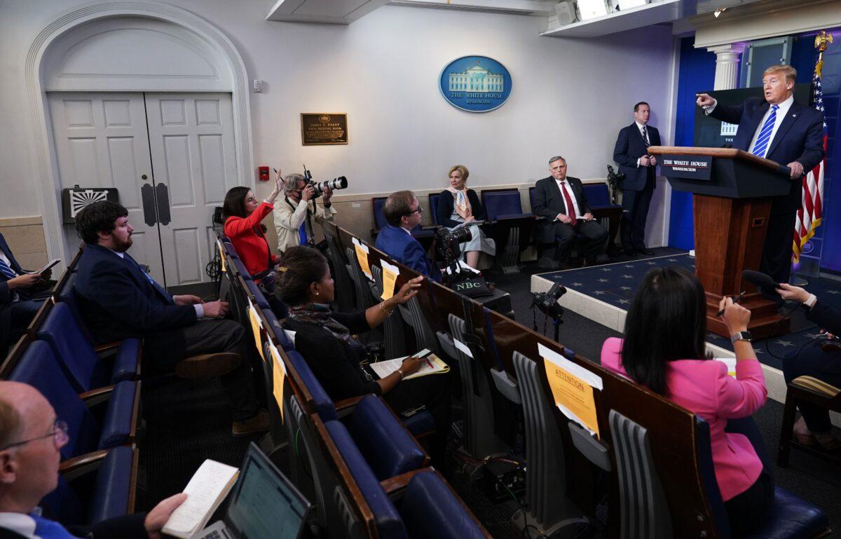 President Donald Trump speaks during the daily briefing on the CCP virus, which causes COVID-19, in the Brady Briefing Room of the White House in Washington on April 23, 2020. (Mandel Ngan/AFP via Getty Images)