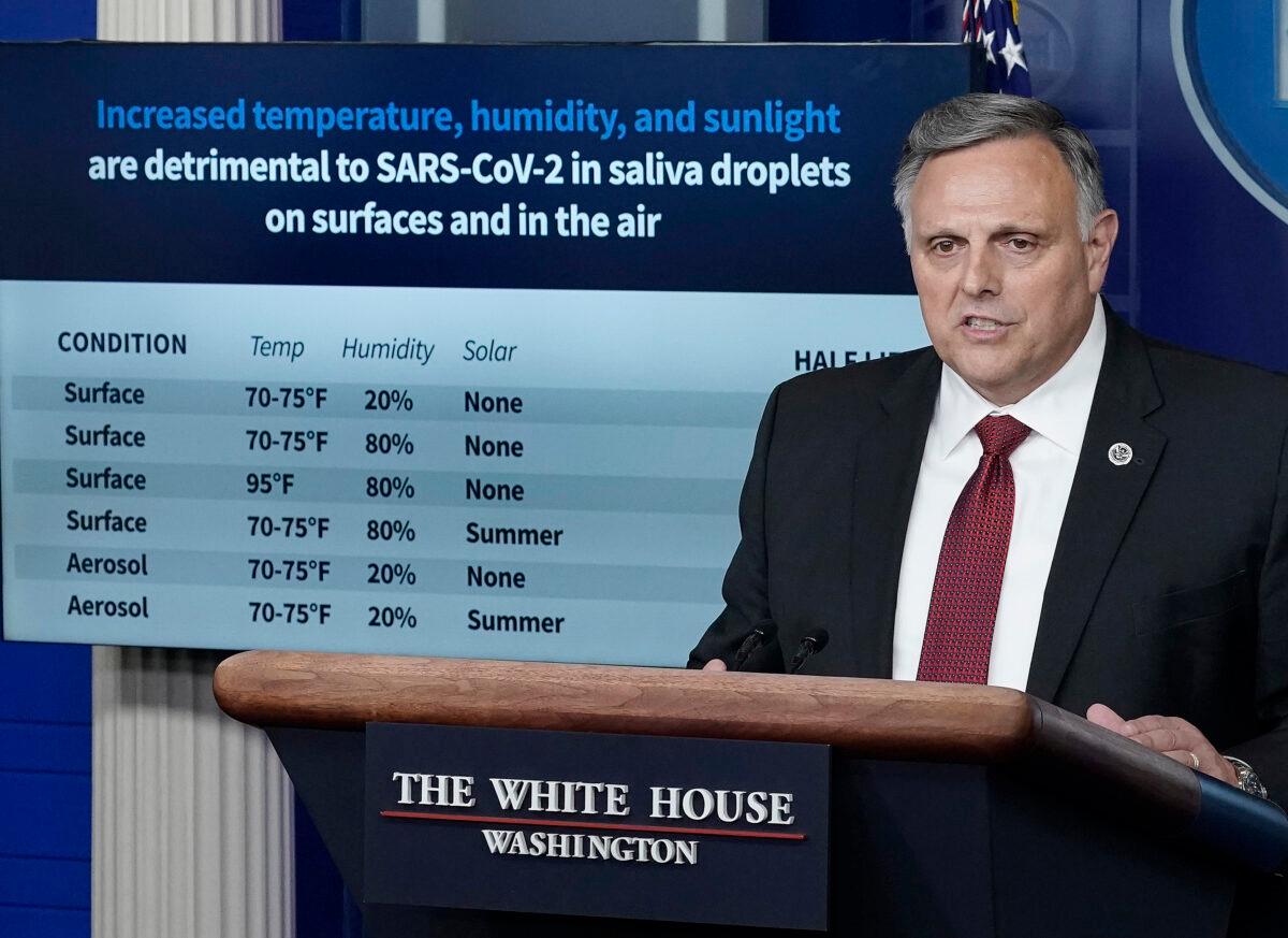 William Bryan, head of science and technology at the Department of Homeland Security speaks during the daily briefing of the coronavirus task force at the White House in Washington on April 23, 2020. (Drew Angerer/Getty Images)