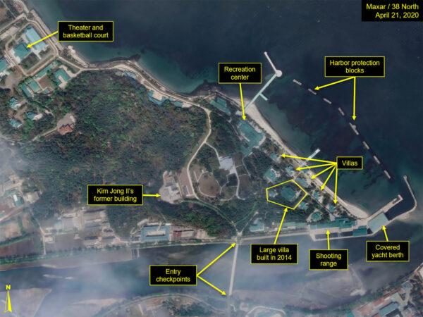 What is described by Washington-based North Korea monitoring project 38 North as a leadership train station servicing North Korean leader Kim Jong Un's Wonsan complex is seen in a satellite image with graphics taken over Wonsan, North Korea April 21, 2020. (North/Handout via Reuters)