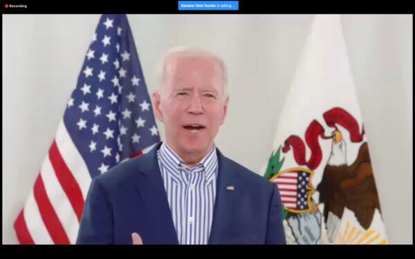 A screenshot of Democratic presidential candidate former Vice President Joe Biden's virtual campaign event in Chicago, Ill., on March 13, 2020. (Scott Olson/Getty Images)