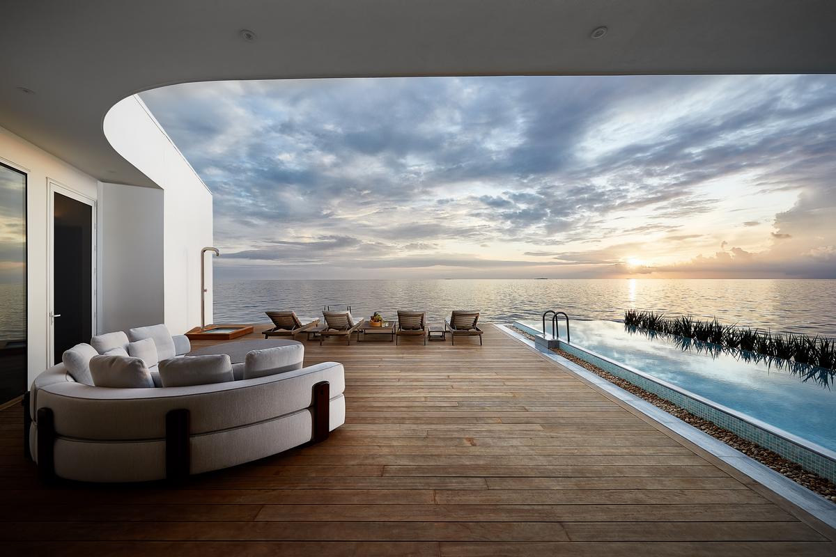 Deck view lounge at the Muraka, a two-level luxury residence at Conrad Rangali Island. (Justin Nicholas)