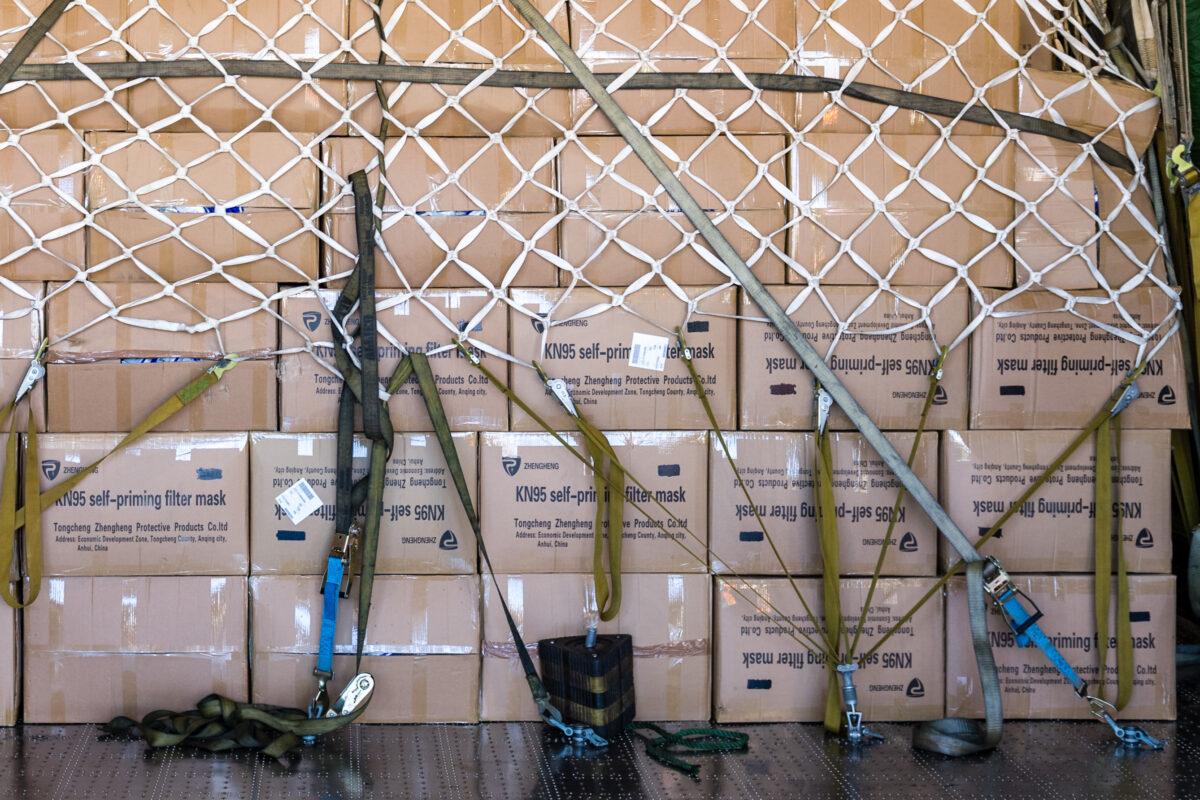 Packages with protective face masks and other protective medical gear that had arrived on an Antonov 225 cargo plane from China at Leipzig/Halle Airport in Schkeuditz, Germany, on April 27, 2020. (Jens Schlueter/Getty Images)