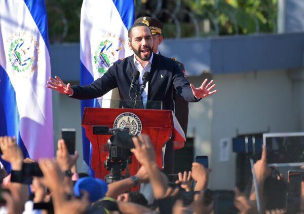 Salvadoran President Nayib Bukele gestures as he speaks to supporters outside the Legislative Assembly in San Salvador on Feb. 9, 2020. (Marvin Recinos/AFP via Getty Images)