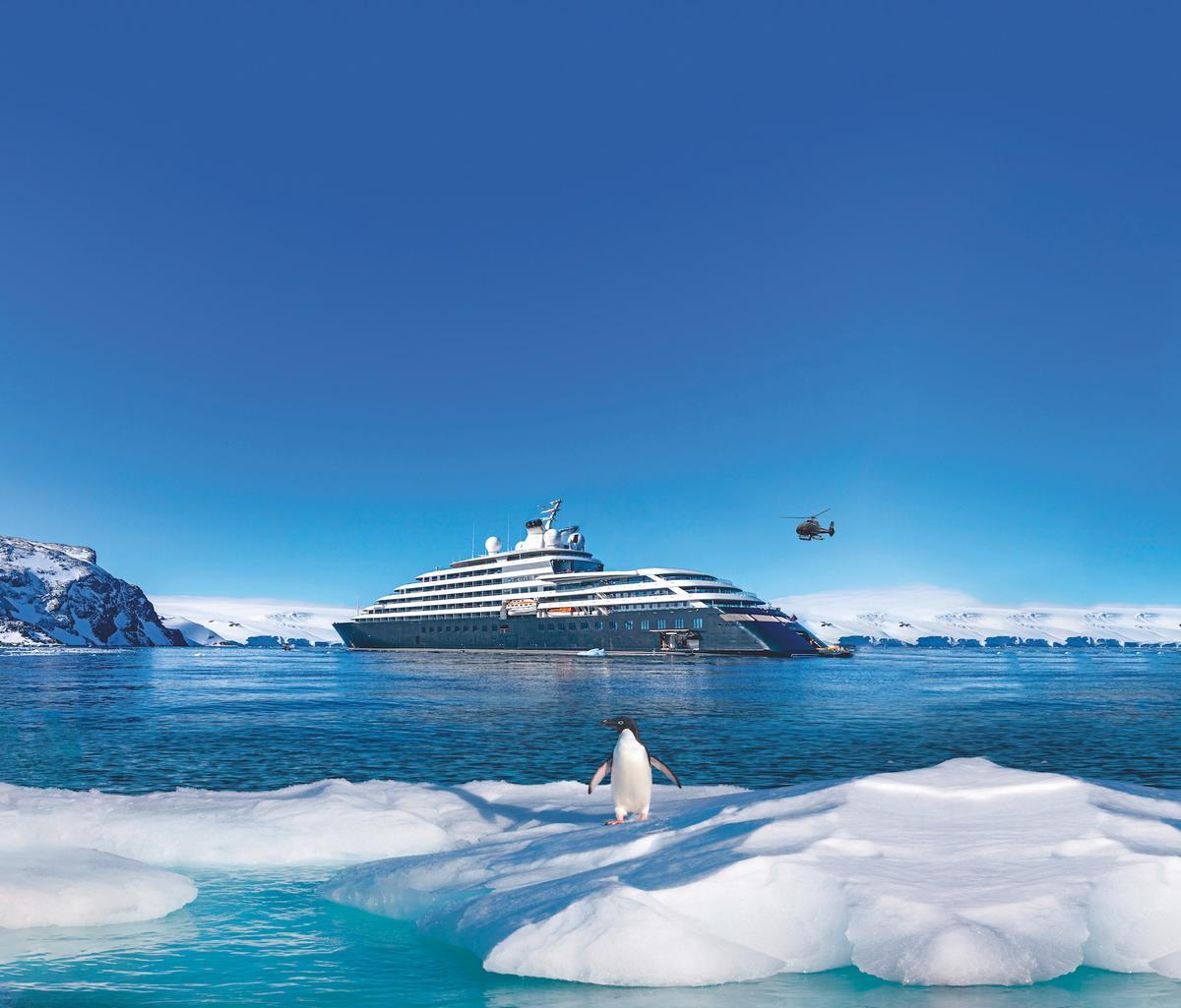 Exploring Antarctica with the luxury “discovery yacht” Scenic Eclipse gives you the options of perspectives from below—via the Scenic Neptune submarine—and above—via its helicopters. (Courtesy of Scenic)
