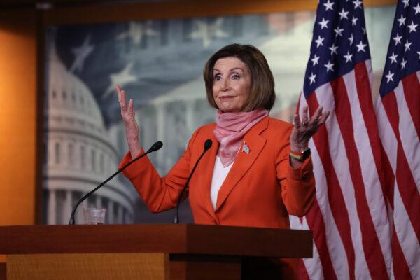 Speaker of the House Nancy Pelosi (D-CA) holds her weekly news conference during the novel CCP virus pandemic at the U.S. Capitol in Washington, on April 24, 2020. (Chip Somodevilla/Getty Images)