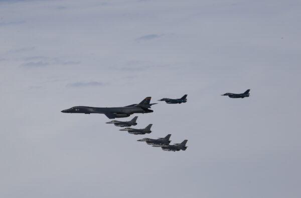 A U.S. Air Force B-1B Lancer from Ellsworth Air Force Base, in South Dakota, and F-16 Fighting Falcons from Japan's Misawa Air Base, conducted bilateral joint training with Japan Air Self-Defense Force F-2s and F-15s off the coast of northern Japan on April 22, 2020. (Japan Air-Self Defense Force)