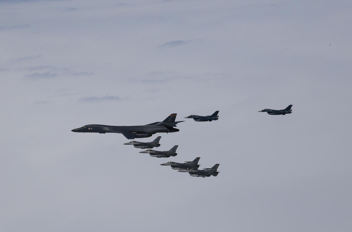 A U.S. Air Force B-1B Lancer from Ellsworth Air Force Base, South Dakota, and F-16 Fighting Falcons from Misawa Air Base, Japan, conducted bilateral joint training with Japan Air Self-Defense Force (JASDF) F-2s and F-15s off the coast of northern Japan on April 22, 2020. (Japan Air-Self Defense Force)