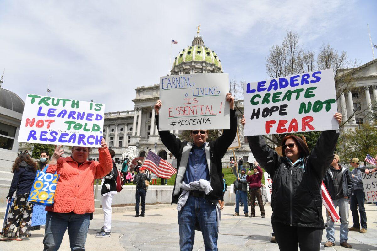 People take part in a "reopen" Pennsylvania demonstration in Harrisburg, Pennsylvania on April 20, 2020. (Nicholas Kamm/AFP via Getty Images)